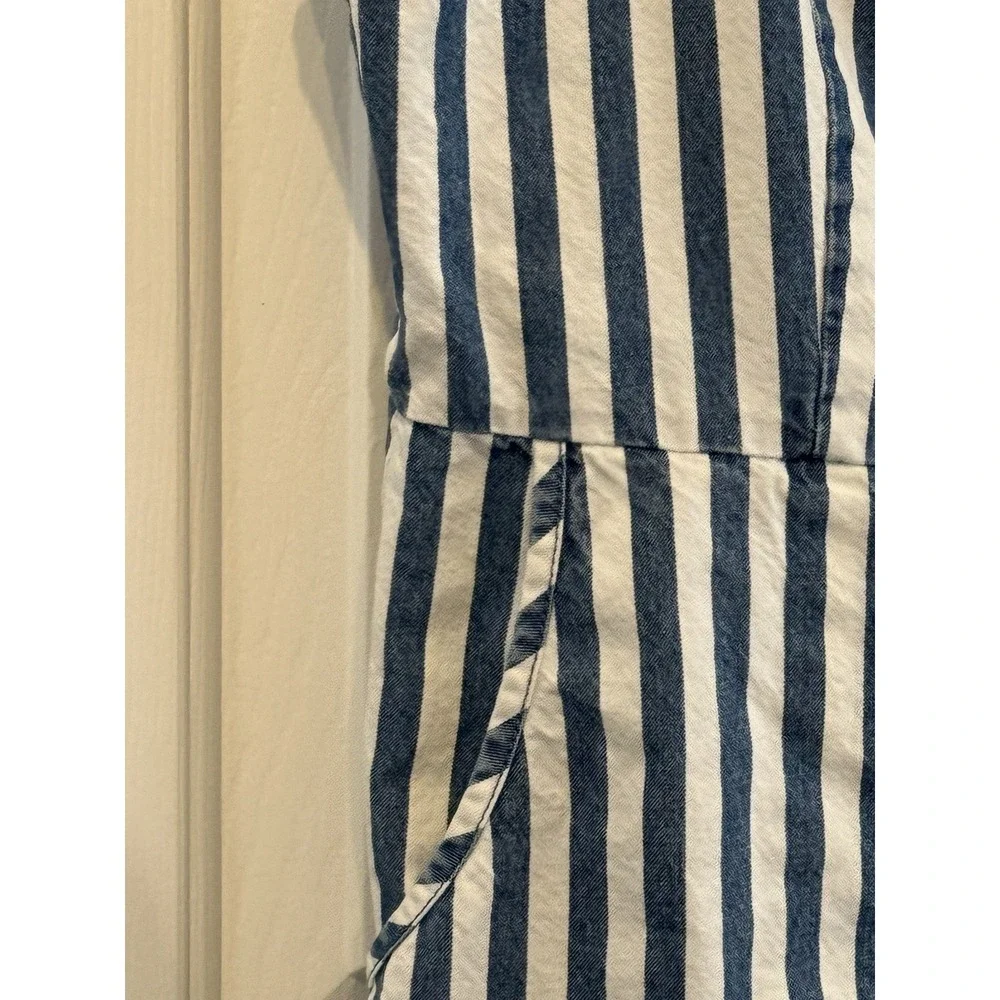 Blue L Stripe Jumper Dress Modest Pockets 100% Cotton Overalls Casual Classic‎